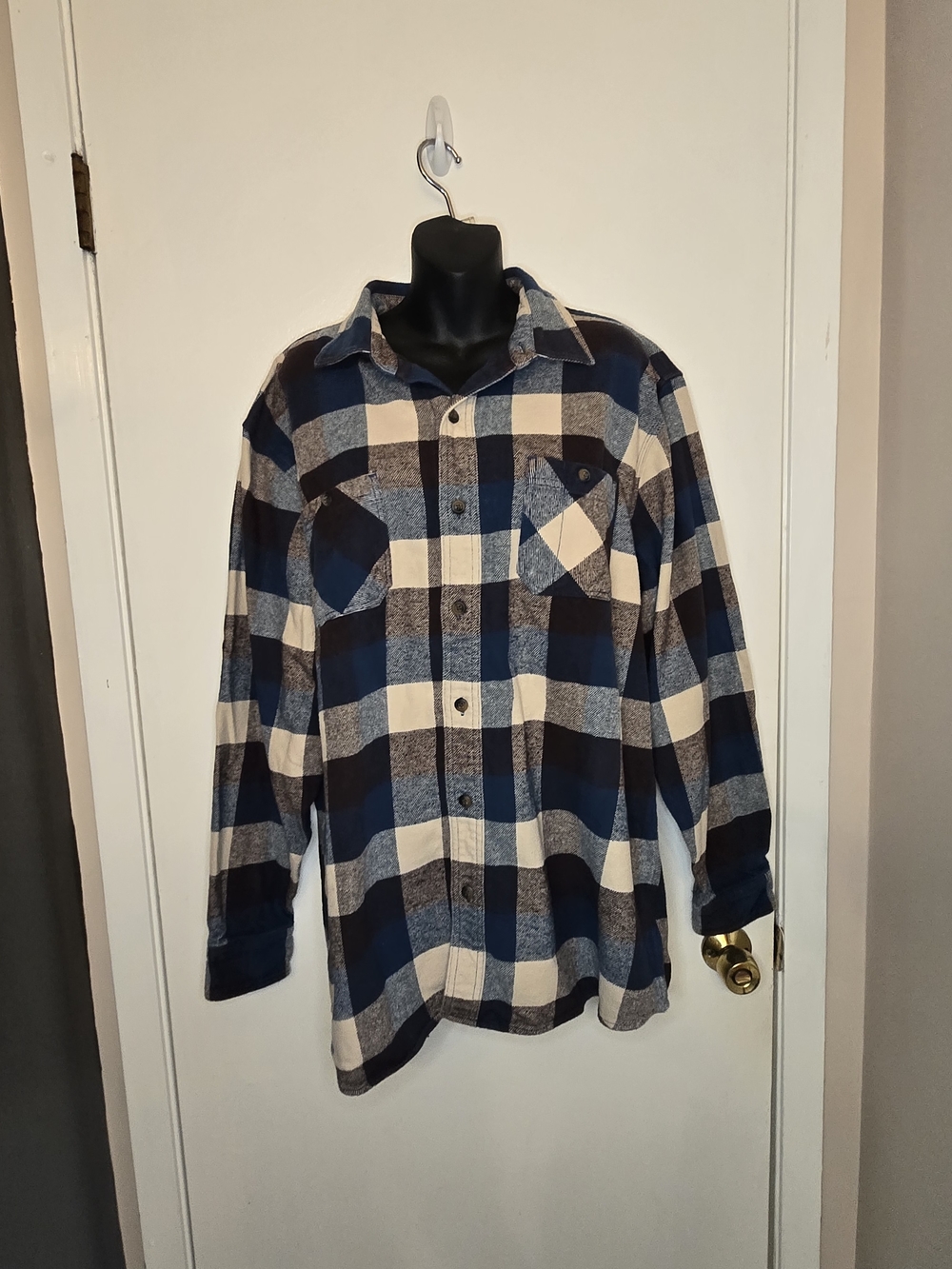 Men's Blue and White Plaid Flannel Shirt